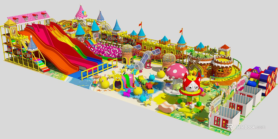 Colorful Playground Equipment With Slides Castle Designs Mushroom Shapes And Cartoon Characters For Kids 3d model 