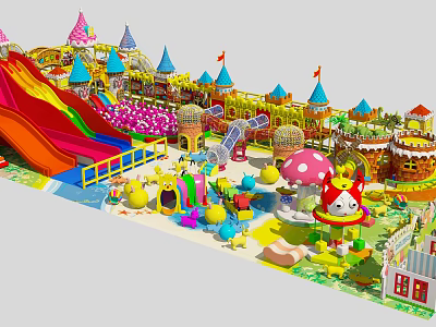 Colorful Playground Equipment With Slides Castle Designs Mushroom Shapes And Cartoon Characters For Kids 3d model