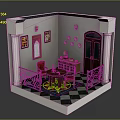 Charming Interior Scene With White Walls Decorative Paintings Red Chairs Wooden Cabinet And Checkered Floor