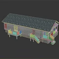 Single Story House With Blue Roof White Siding Front Porch And Wooden Staircase