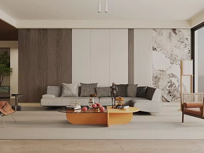 Modern Neutral Toned Living Room With Comfortable Sectional Sofa And Premium Wood Marble Feature Walls 3d model