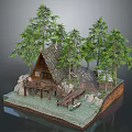 Cartoon Scene of Log Cabin Surrounded by Pine Trees With Wooden Bridge and Water Area