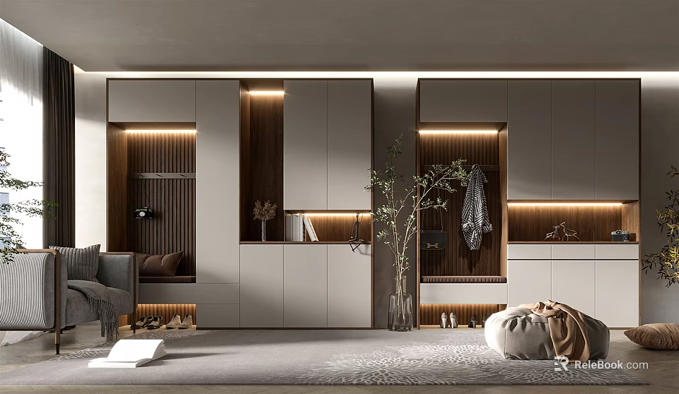 Modern Elegant Shoe Cabinet with Wooden Panels LED Lighting and Sleek Living Room Storage Design 3d model 