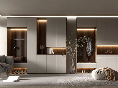 Modern Elegant Shoe Cabinet with Wooden Panels LED Lighting and Sleek Living Room Storage Design 3d model