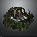 Miniature Castle Model with Red Towers Green Trees Grass and Curved Pathway