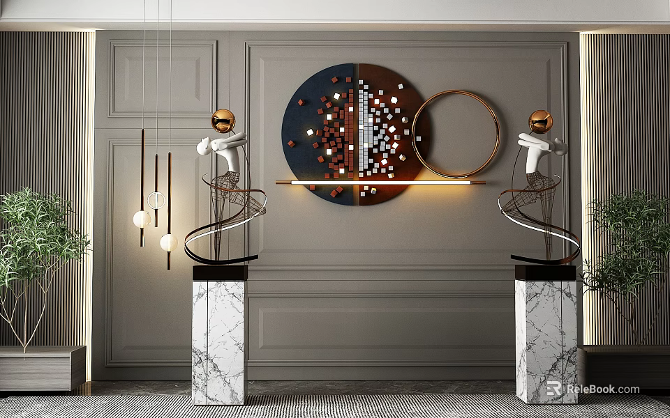 Modern Sculptures With Marble Bases Metal Curved Designs And Circular Wall Art For Interior Decor 3d model 