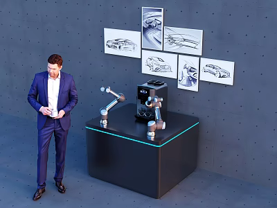 Black Functional Desk Featuring Coffee Machine Robot Arm Model and Car Design Drawings on Wall 3d model