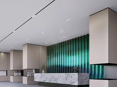 Modern Reception Area Design With Marble Countertop Green Gradient Backdrop Minimalist Pillars And Ceiling Lighting 3d model