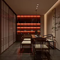 Traditional Chinese Teahouse Interior With Wooden Table Lattice Screens Green Plants And Hanging Scrolls