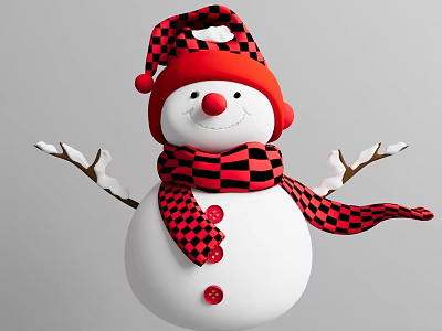 Festive Decorative Snowman With Red And Black Checkered Hat Scarf Stick Arms And Red Buttons 3d model