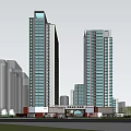 Modern Commercial Street With Two Tall Buildings And Ground Floor Retail Storefronts