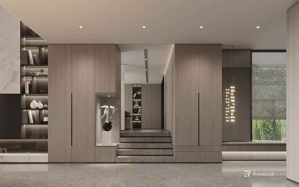 Modern Foyer Hallway With Wooden Cabinets Display Niche And Staircase 3d model 