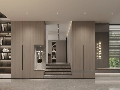 Modern Foyer Hallway With Wooden Cabinets Display Niche And Staircase 3d model
