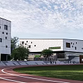 Modern School Building Design With Large Windows Track Green Courtyard And Playground