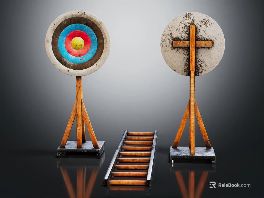 Sports Training Equipment With Round Colorful Bullseye Targets Cross Mark Boards And Wooden Ladder 3d model 
