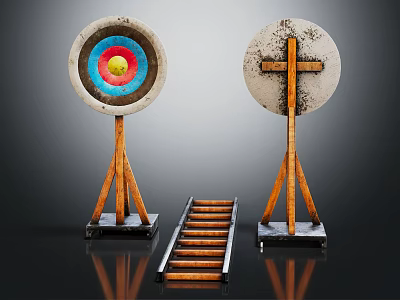 Sports Training Equipment With Round Colorful Bullseye Targets Cross Mark Boards And Wooden Ladder 3d model