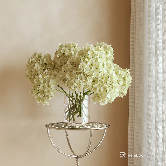 White Hydrangea Flowers in Clear Vase on Metal Round Table with Beige Wall and Curtain 3d model 
