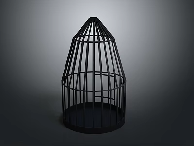 Black Metal Birdcage With Conical Shape Vertical Bars And Round Base 3d model