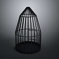 Black Metal Birdcage With Conical Shape Vertical Bars And Round Base