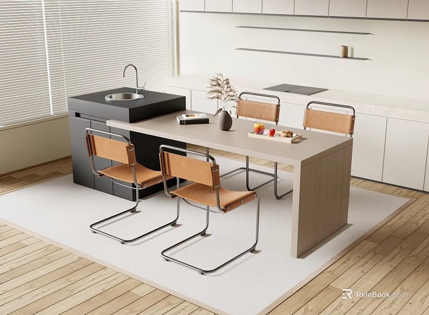 Modern Open Kitchen Bar Counter With Wooden Top And Metal Frame Dining Chairs 3d model 