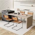 Modern Open Kitchen Bar Counter With Wooden Top And Metal Frame Dining Chairs