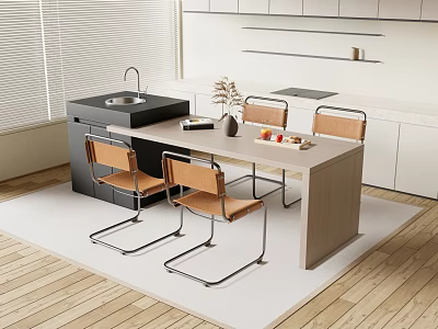 Modern Open Kitchen Bar Counter With Wooden Top And Metal Frame Dining Chairs 3d model
