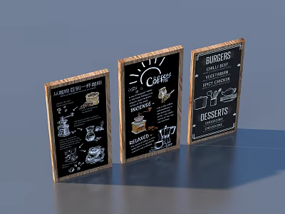 Wooden Frame Blackboard Menu Boards With Hand Drawn Coffee Burgers Desserts 3d model