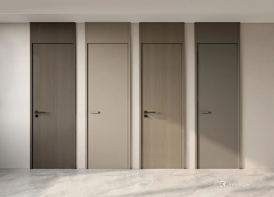 Contemporary Hinged Doors with Wooden Texture and Various Colors in Minimalist Interior 3d model 