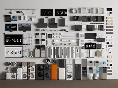 Various Modern Office Electronics Including Digital Clocks Printers Scanners And Monitors 3d model