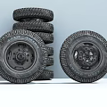 Old Black Treaded Tires Stacked and Two Lying on White Surface 3d model