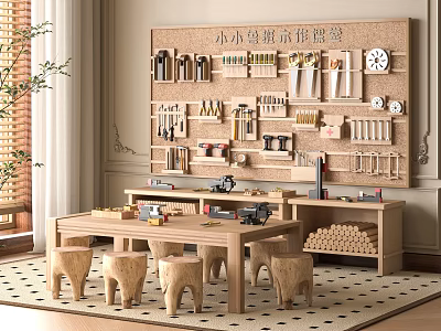 Wooden Functional Table in Model Workshop Featuring Corkboard Wall Tools and Model Materials with Stools 3d model