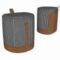 Stylish Modern Ottomans With Black White Houndstooth Fabric And Brown Leather Trim Handles