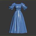 Elegant Blue Long Dress With Puffed Sleeves And Fitted Waist Design