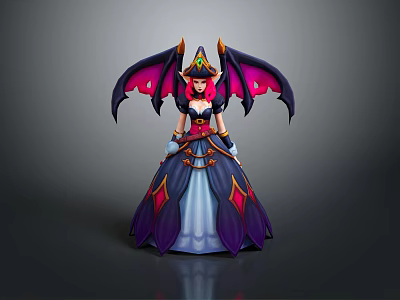 Fantasy Game Movie Character with Purple Pink Bat Wings Witch Hat and Elegant Dress 3d model