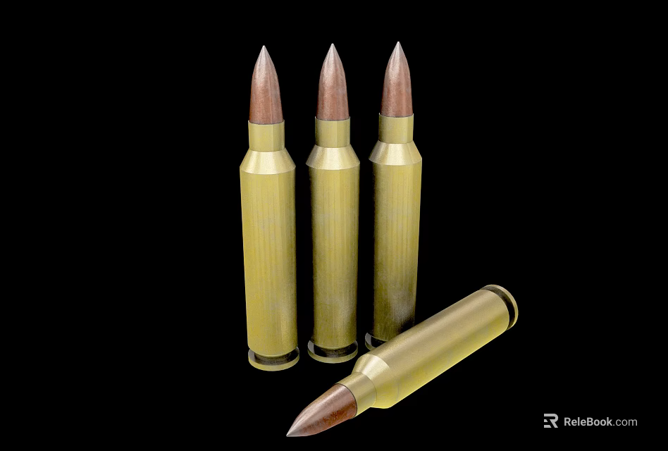 Military Bullets Display With Three Vertical And One Tilted On Black Background 3d model