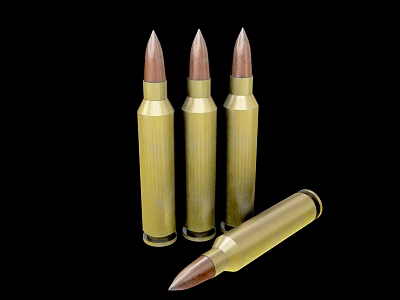 Military Bullets Display With Three Vertical And One Tilted On Black Background 3d model