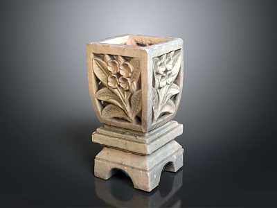 Square Stone Flower Pot With Intricate Carved Floral Leaf Patterns And Pedestal Base 3d model