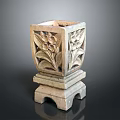 Square Stone Flower Pot With Intricate Carved Floral Leaf Patterns And Pedestal Base