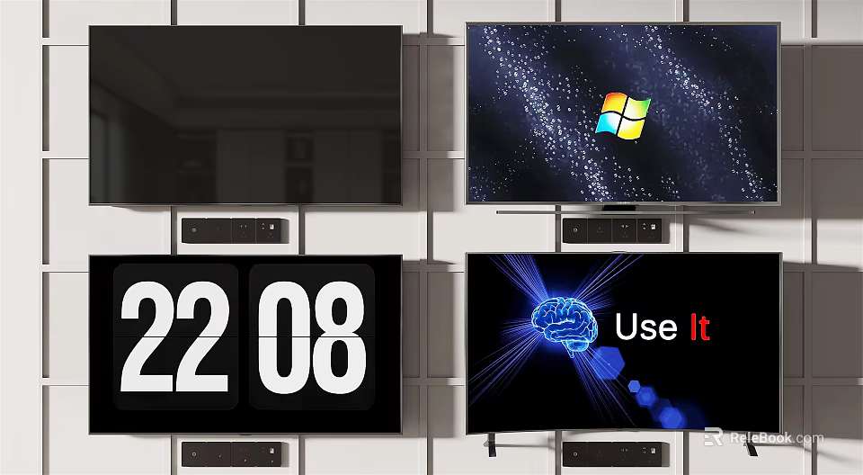 Modern Televisions Display Black Screen Windows Logo Digital Clock And Brain Design 3d model