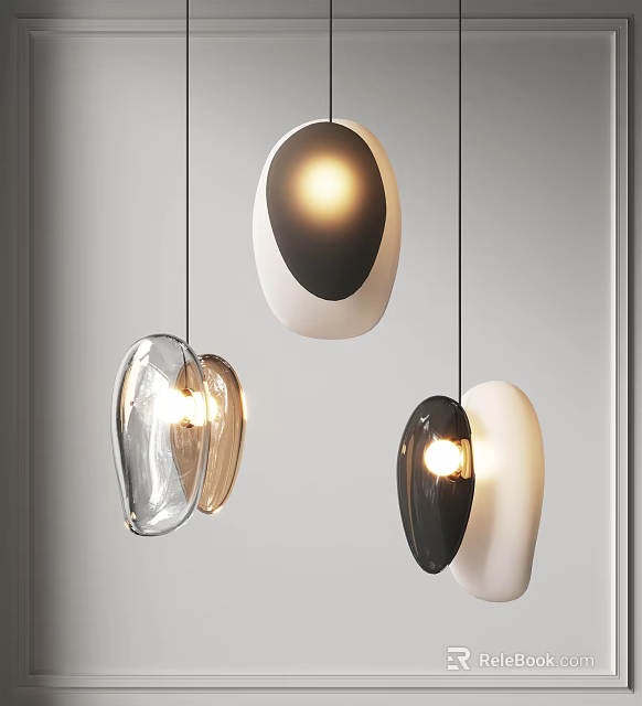 Modern Irregular Shaped Pendant Lights Illuminated With Transparent Brown Black White Tones In Grey Interior 3d model 