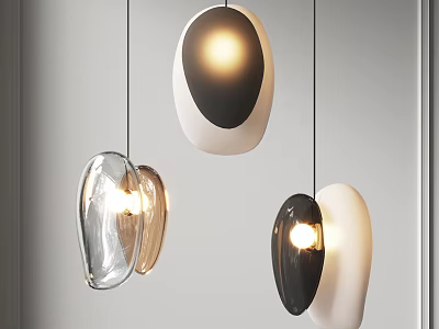 Modern Irregular Shaped Pendant Lights Illuminated With Transparent Brown Black White Tones In Grey Interior 3d model