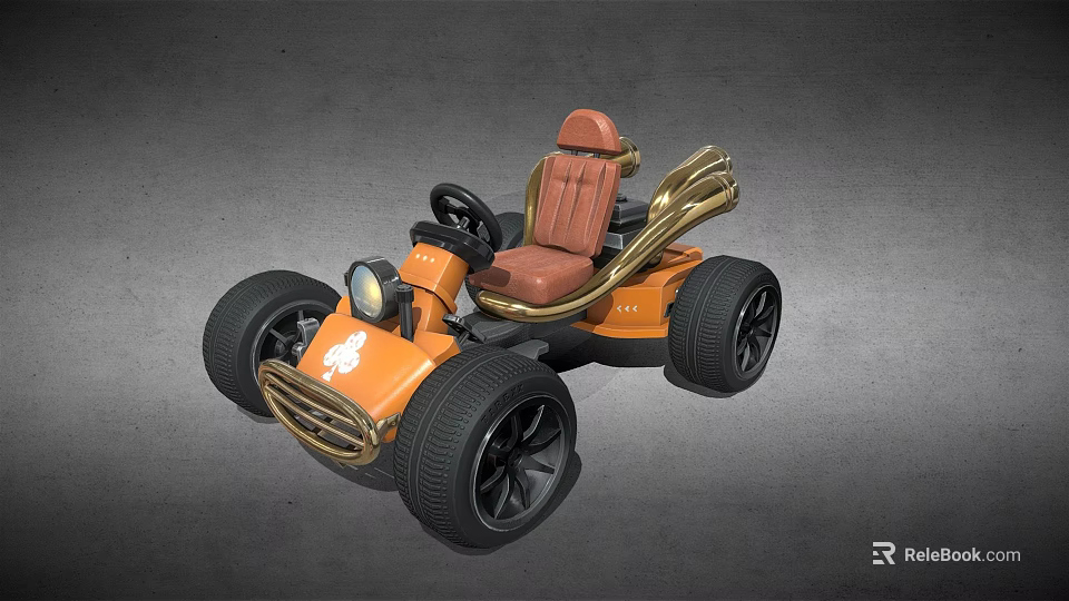 Orange Go Kart With Brown Seat Large Black Tires Gold Decorations And Headlights 3d model 