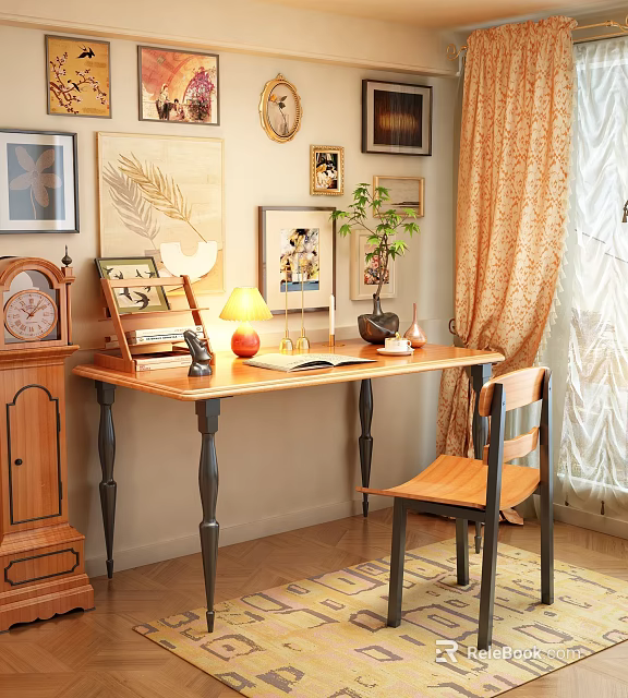 Vintage Wooden Desk With Table Lamp Open Book Photo Frames And Potted Plant 3d model 