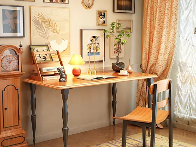 Vintage Wooden Desk With Table Lamp Open Book Photo Frames And Potted Plant 3d model
