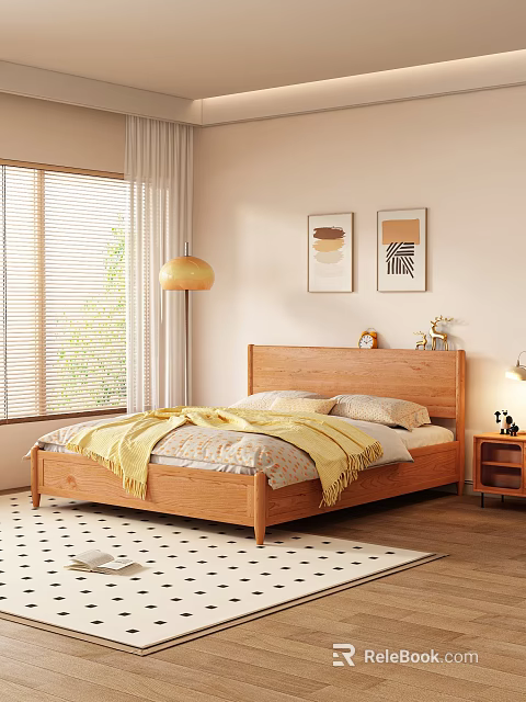 Cozy Bedroom Interior With Wooden Bed Yellow Blanket Decorative Paintings Floor Lamp And Blinds 3d model 
