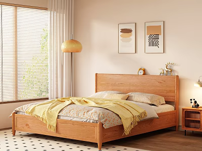 Cozy Bedroom Interior With Wooden Bed Yellow Blanket Decorative Paintings Floor Lamp And Blinds 3d model