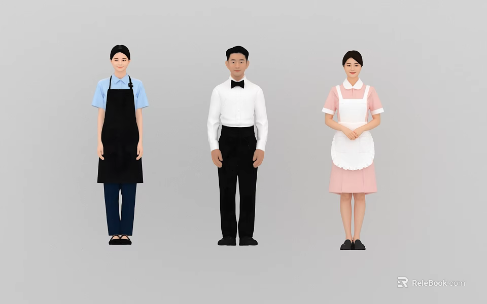 Multiple Service Staff in Different Uniforms with Aprons Formal Shirt and Pink Dress 3d model 