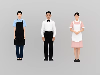 Multiple Service Staff in Different Uniforms with Aprons Formal Shirt and Pink Dress 3d model