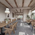 Cozy Restaurant Interior with Wooden Beams Hanging Pendant Lights Plants Tables Chairs and Gray Carpet