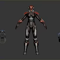 Armored Character In Red Black Silver Armor Standing With Blue Drone Companions